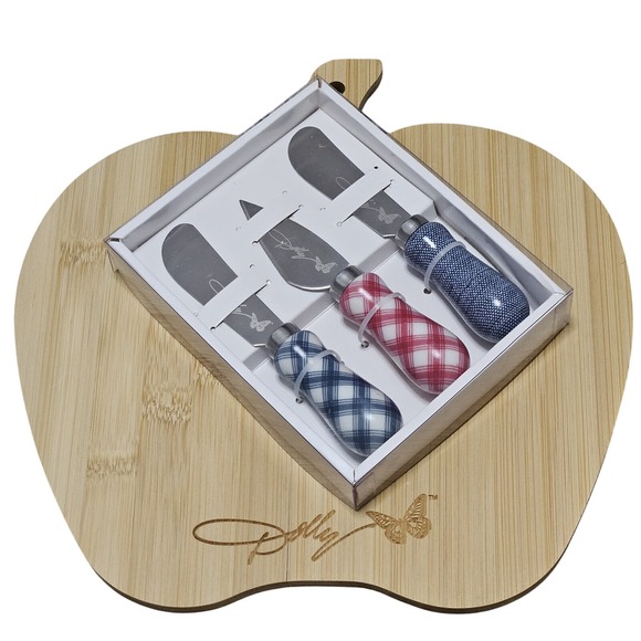 Dolly Parton Other - Dolly Parton Cheese Board Set Multi Apple Bamboo Plaid Butterfly 4pc NEW